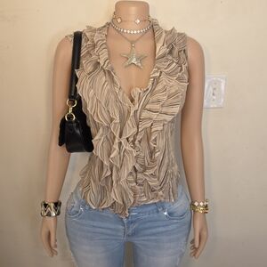 ☆The Limited 100% Silk Sheer Beige Ruffled Sleeveless V-Neck Blouse☆